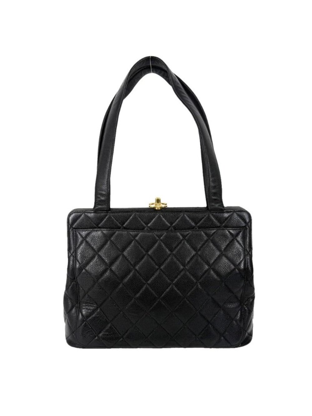 Chanel Tote Bag Quilted CC Logo Turnlock Shoulder Caviar Leather Black Gold